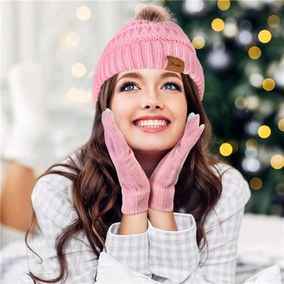 Winter Hat Scarf Touch Screen Gloves Set 3 Pcs Warm Knit Fleece Lined Beanie NEW - Picture 3 of 5